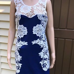 Venus Blue and White Lace Dress Size Small